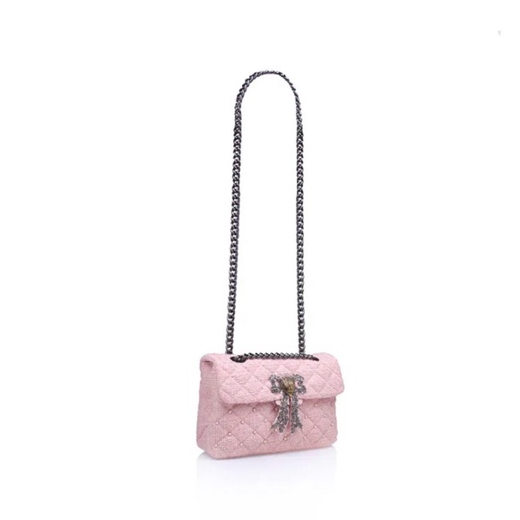 Kurt Geiger London Pink Tweed Kensington Bag with Beaded Bow Detail - Picture 2 of 5